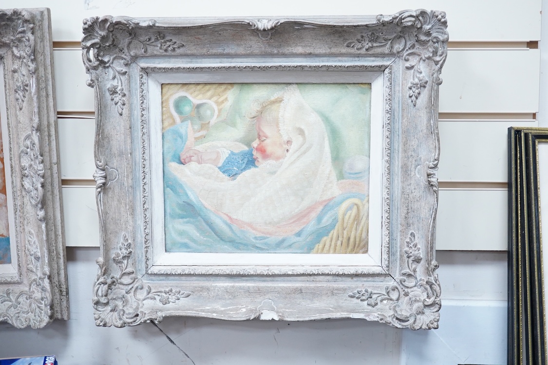 Henry James Neave (1911-1971), Studies of a sleeping child, unsigned, various inscriptions verso, pair of oils on canvas, ornate frames, 24 x 29cm